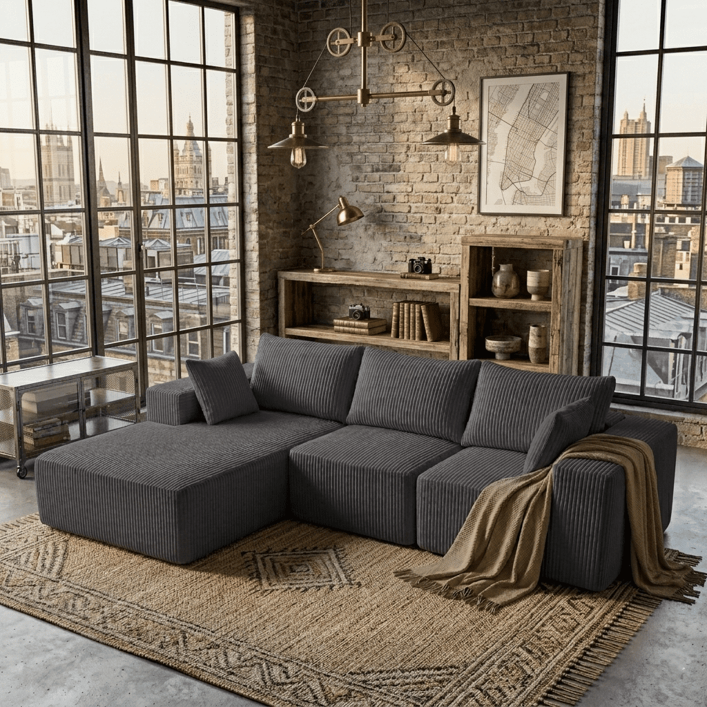 Aukfa 107" Modular Sectional Sofa, Corduroy Upholstered Deep Seat Couch with Left Chaise, Convertible Sleeper, Dark Gray