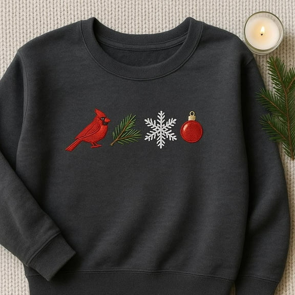 Embroidered Christmas Cardinal Sweatshirt, Winter Bird Snowflake Ornament Crewneck, Holiday Pine Branch Sweater