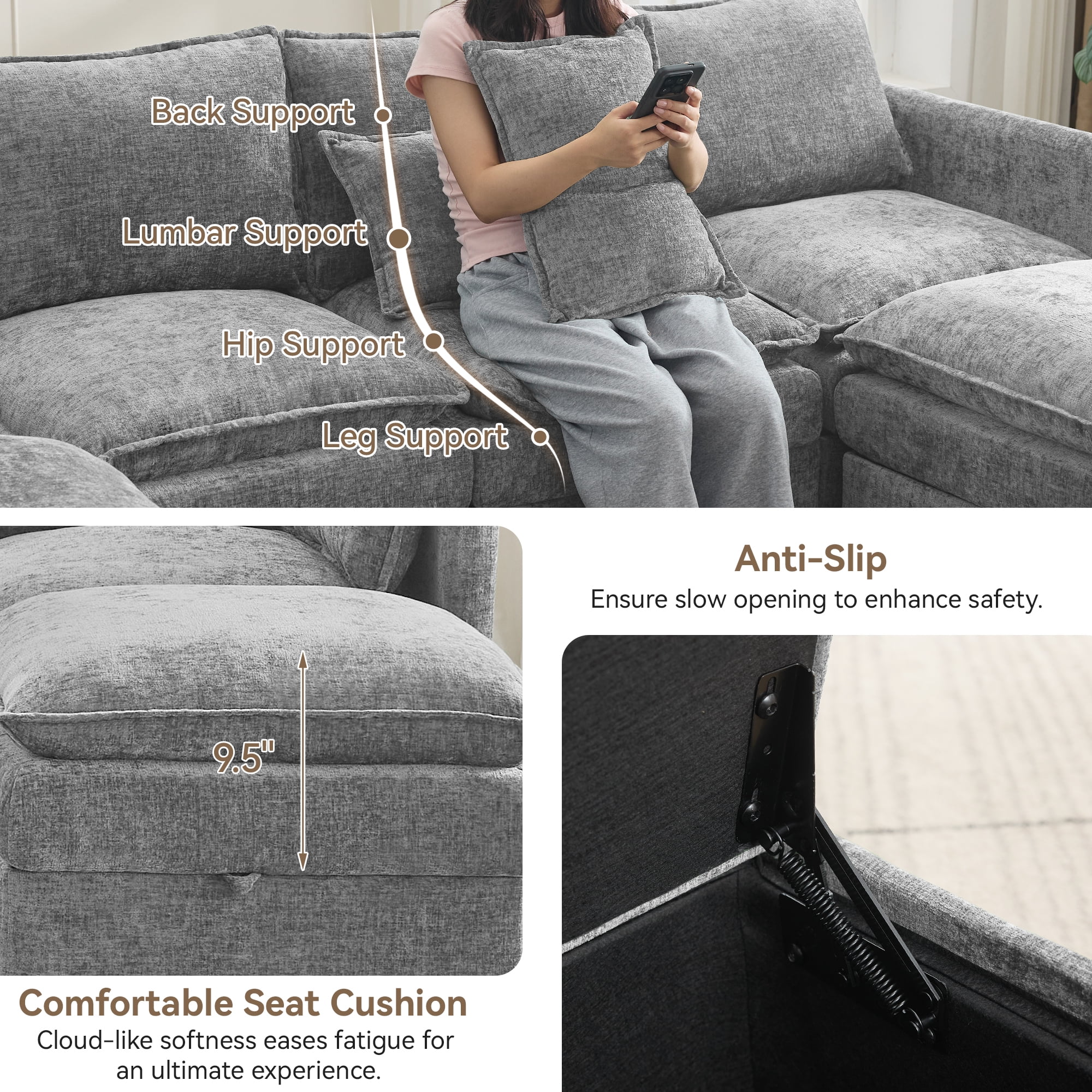 WUTUTUEE Cloud Modular Single Sofa Chair with Storage Ottoman, Modern Upholstered Chenille Accent Chair for Living Room, Bedroom, Small Space, Gray