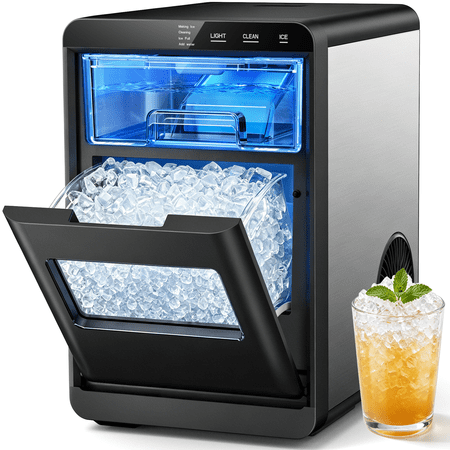Snowyermine Countertop Nugget Ice Maker, 44 lbs/Day, Self-Cleaning Ice Machine for Chewable Pebble Ice with Touch Controls, Black Stainless Steel