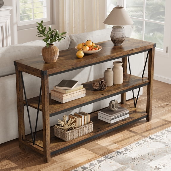 Studyset Farmhouse Entryway Table,47 Inch Narrow Long Console Table with Storage, 3 Tier Wood Console Table for Living Room, Farmhouse Sofa Tables Behind Couch, Hallway Table for Foyer-Rustic Brown