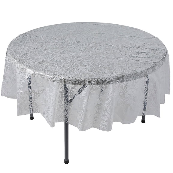76" diam. White Lace-Printed Round Disposable Plastic Tablecloth