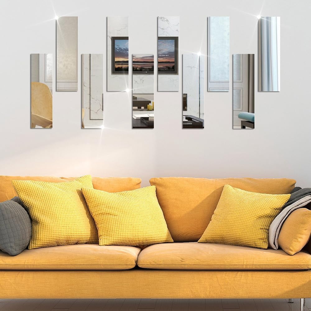 Mirror Tiles, 2''x20'' Mirror Tiles Self Adhesive Stripe Wall Mirror Stickers (Not Glass) Removable Plastic Mirrors for Wall, Frameless Mirror Sheets for Home Living Room Bedroom DIY Decor (10Pcs)
