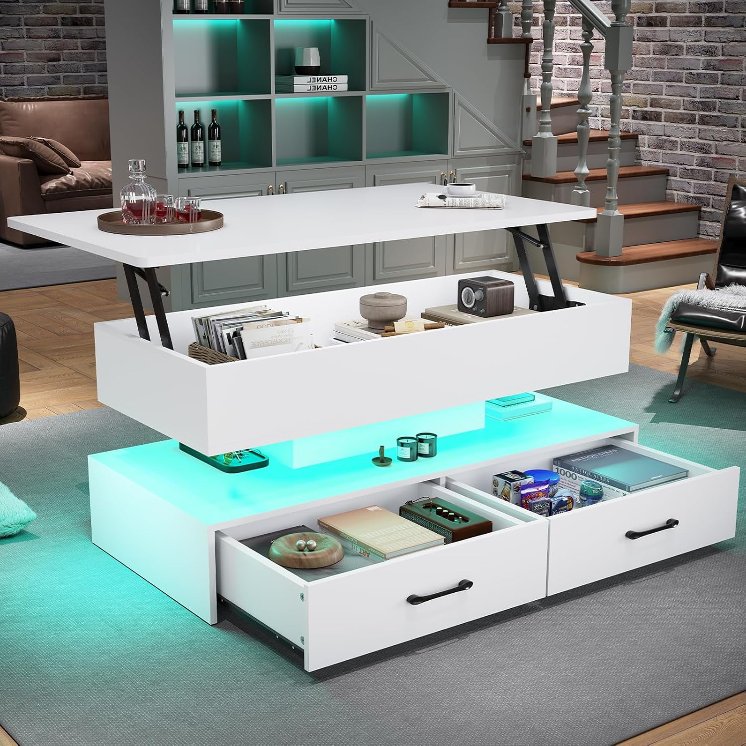 40" Lift Top Coffee Table with Storage, Modern Coffee Table with LED Lights and 2 Drawers, Small Coffee Table for Living Room, Dining Reception Room, White