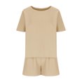 thumbnail image 3 of Scyoekwg Womens Sets Clothes Womens 2 Piece Outfits Summer Solid Color Loose Short Sleeve V-Neck Top Shorts Casual Sets (Khaki,XL), 3 of 5