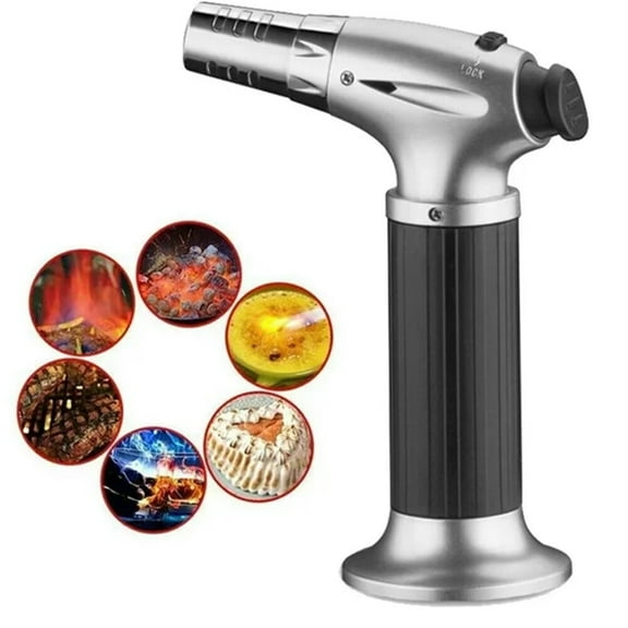 Culinary Butane Torch Blow Torch Lighter,Refillable Cooking Kitchen Torch with Safety Lock Adjustable Flame for BBQ,Creme Brulee,Baking,Cooking,Crafts,Cigar (Butane Gas not Included),Silver