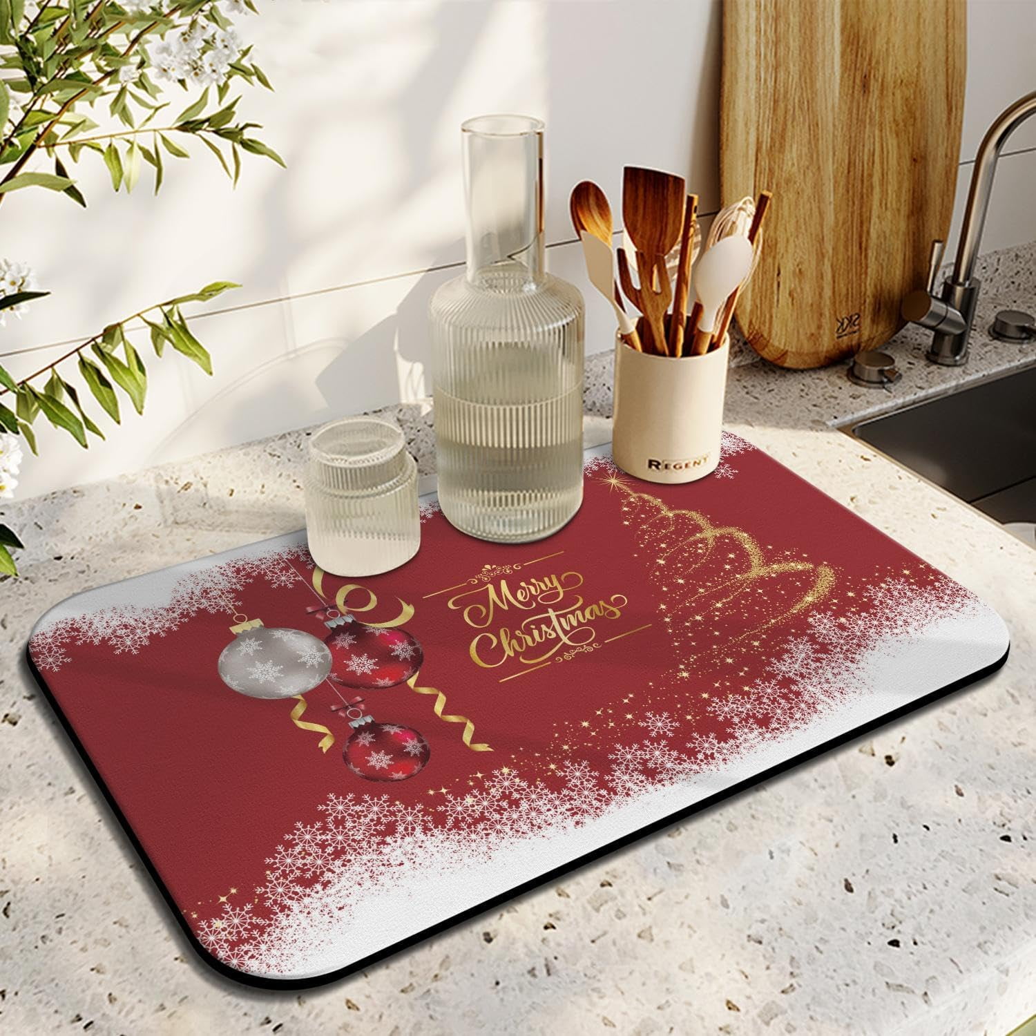 Christmas Dish Drying Mat 19x12in,Christmas Drying Mat for Kitchen Counter,Absorbent Hide Stain Anti-Slip Coffee Bar Accessories Fit Under Coffee Machine Mat,Dish Drying Mats for Kitchen