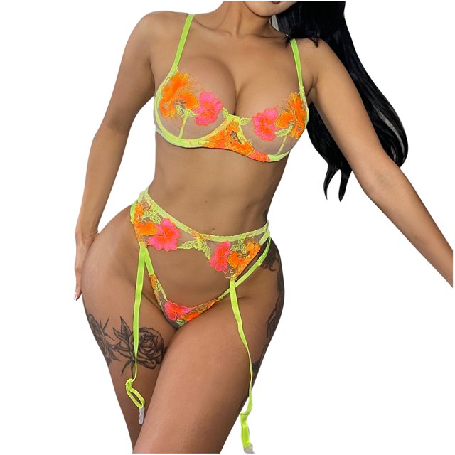Conjunto de lencería de malla exquisita para mujer, sujetador, liga y bragas, picardías, ropa de dormir recortada Fridja nalpqowj40702