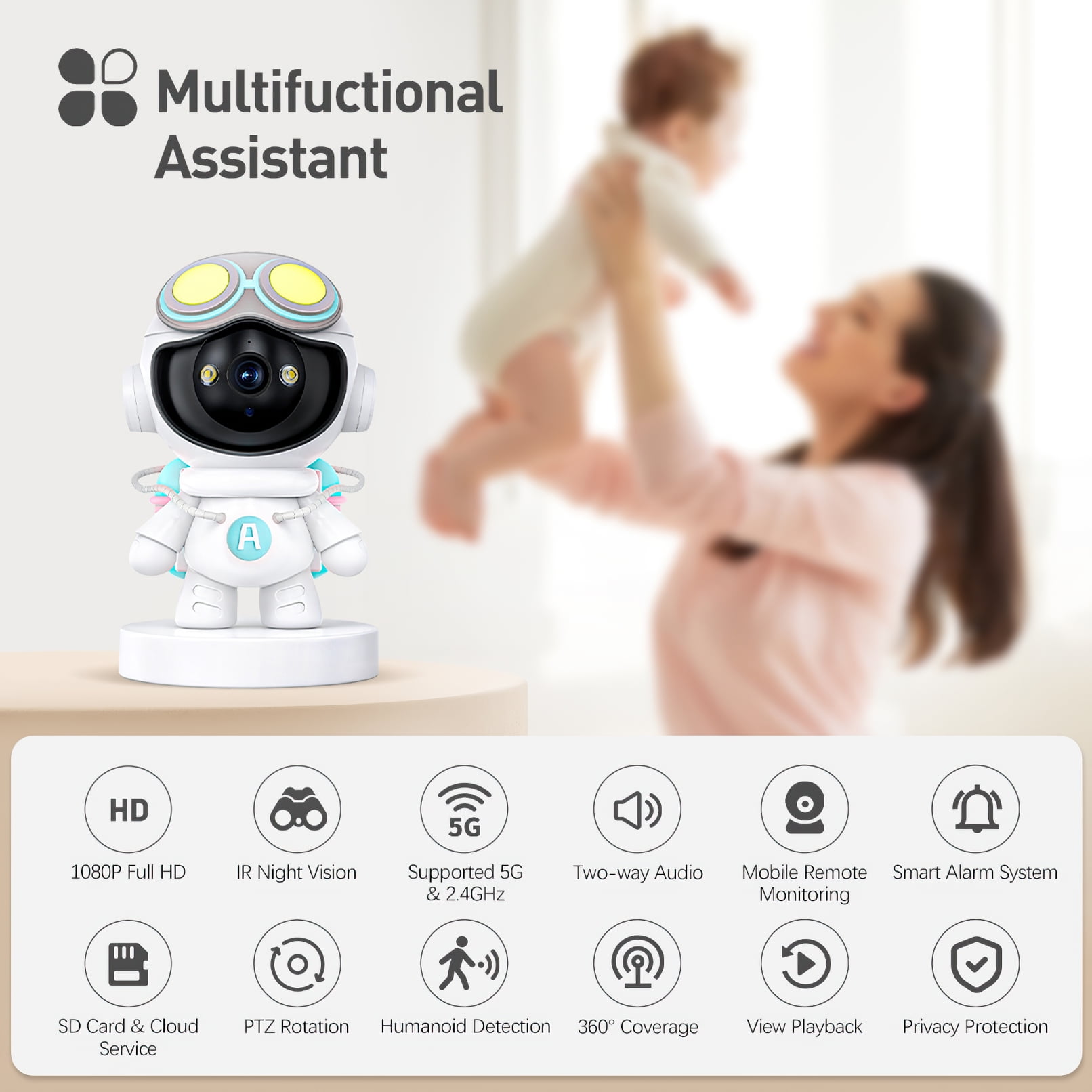GPED Indoor Pan/Tilt Smart Security Camera, 2K HD Pet Camera, Super IR Night Vision, Motion Detection for Baby and Pet Monitor, Cloud & SD Card Storage, Supported 5G & 2.4GHz