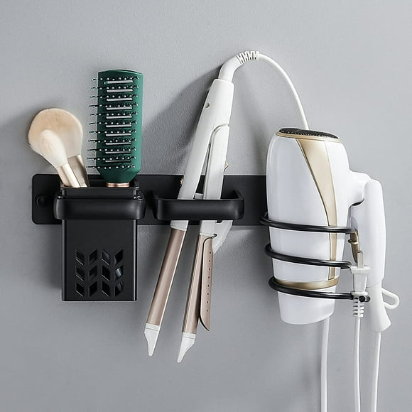 Negro - 1 pieza soporte para secador de pelo, soporte para plancha de pelo con almacenamiento de cable, soporte para secador de pelo montado en la pared con estante de almacenamiento, adecuado para ho