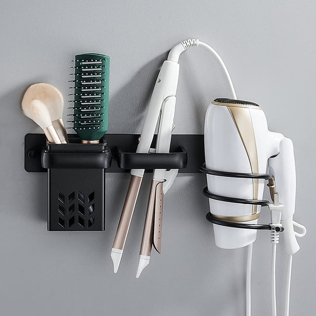 Negro - 1 pieza soporte para secador de pelo, soporte para plancha de pelo con almacenamiento de cable, soporte para secador de pelo montado en la pared con estante de almacenamiento, adecuado para ho