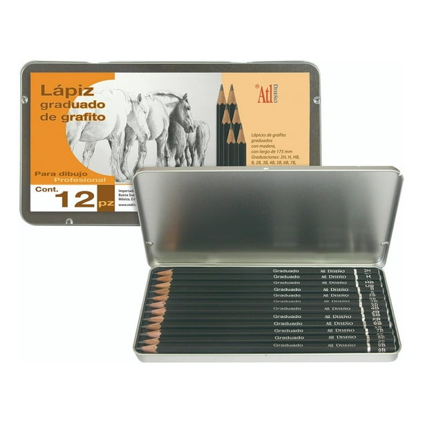 Lápices De Grafito Estuche Metal Madera Dibujo Atl 12 Piezas multicolor SIN TAMAÑO