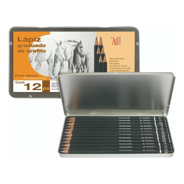Lápices De Grafito Estuche Metal Madera Dibujo Atl 12 Piezas multicolor SIN TAMAÑO
