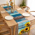 thumbnail image 3 of Table Runner 108 Inches Long for Kitchen Dining, Spring Sunflowers Dresser Scarf Farmhouse, Dining Table Decorations for Wedding/Parties, Yellow Floral Turquoise Farmhouse Wood Grain 13 x 108 In, 3 of 8