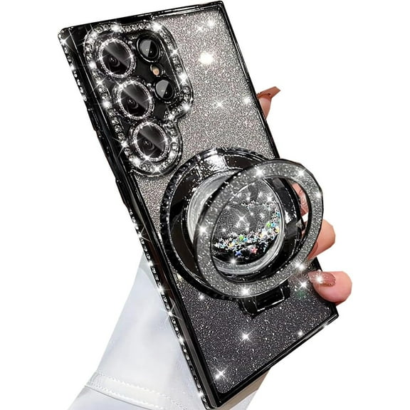 for Samsung Galaxy S25 Ultra Glitter Kickstand Case,Cute Bling Sparkly Diamond Rhinestones with Camera Protector Liquid Flowing Ring Stand Soft TPU Women Girls Case for Galaxy S25 Ultra,Black