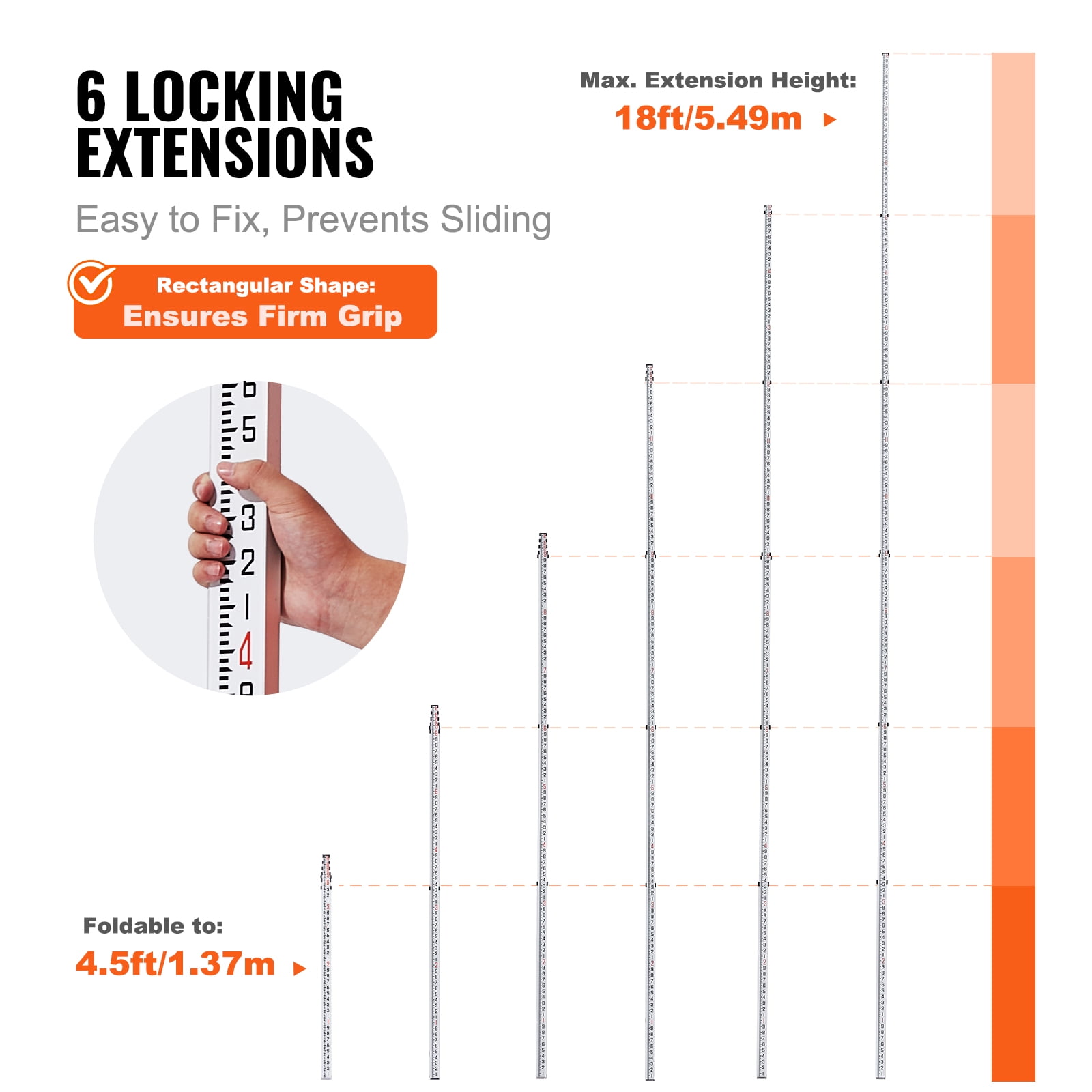 KFFKFF 18-Foot Aluminum Telescopic Measuring Rod, 6-Section Double-Sided Scale Leveling Stick, 1/10ft Graduations,Durable Aluminum Alloy Survey Rod with Bubble Level and Carrying Bag for Construction