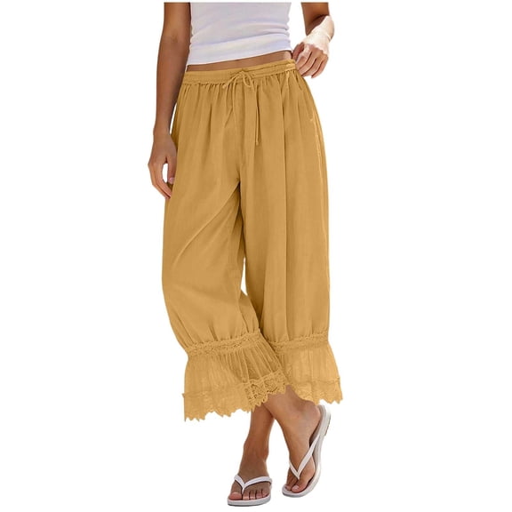 GigrtiJin Women's Wide Leg Pants Lace Hem Flowy Loose Pants Womens High Waisted Drawstring Casual Loungewear Beach Vacation Trousers