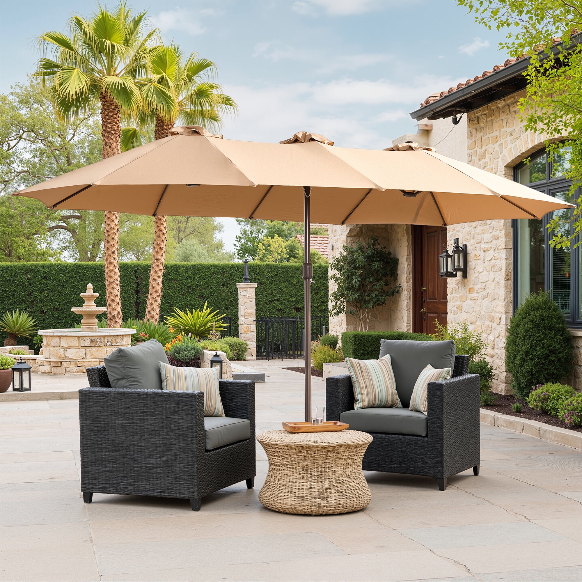 XIZZI 15ft Patio Umbrella with Base and Crank Handle, Extra Large Double-Sided Outdoor Umbrella with Waterproof, UV Resistant, Rectangle Garden Table Umbrellas Khaki