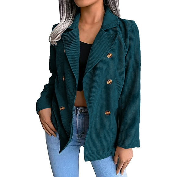 DondPO Blazers for Women Women's Solid Corduroy Autumn and Winter Suit Collar Double Breasted Blazers for Women Business Casual Work Office Suit Jackets Blue L Clearance!