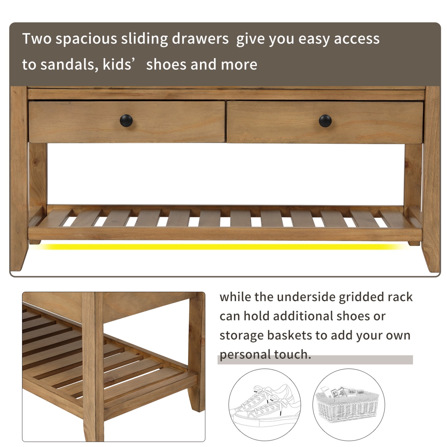 Upholstered Shoe Rack Bench with Cushioned Seat, Storage Drawers and Bottom Shelf, Wooden Entryway Shoe Bench with Legs, Narrow Rectangular Storage Bench for Entryway Laundry Room, Old Pine