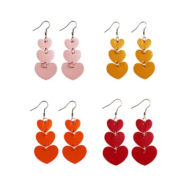 pares de delicados pendientes de corazón de cuero artificial, colgantes de tres capas con forma de corazón para mujer, pendientes con personalidad para San Valentín, en rojo, amarillo, naranja y rosa.