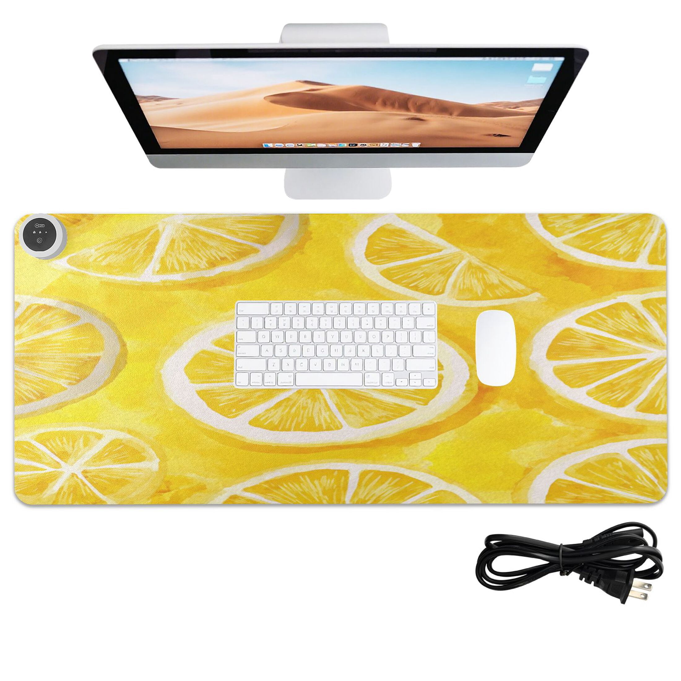 Large Heated Desk Mat Mouse Pad 31.5"x13"PU Leather Graphene Heating Desk Warmer with 3 Temperature Settings 110V US Plug Non-Slip Warm Pad for Home, Office, and Gaming Retro Lemon Slice Pattern