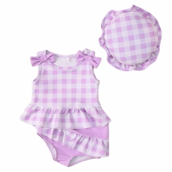 LIIPEE Baby Girls Tankinis Swimsuit Sets 3 Piece Set Kids Casual Summer Plaid Print Ruffle Trim Bowknot Decoration Tankini Tops And Briefs And Swim Hats Cute Beach Pool Party Swimwear,18-24 Months