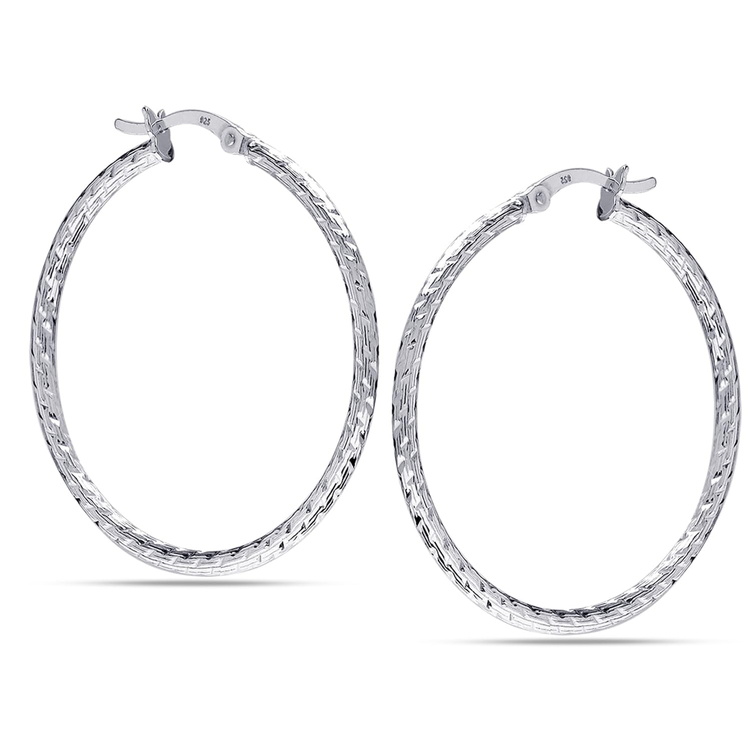 LeCalla 925 Sterling Silver Texture Hoop Earrings for Women | Large Diamond-Cut Twisted Hoop Earring | Womens Click-Top Earring Hoops 40MM