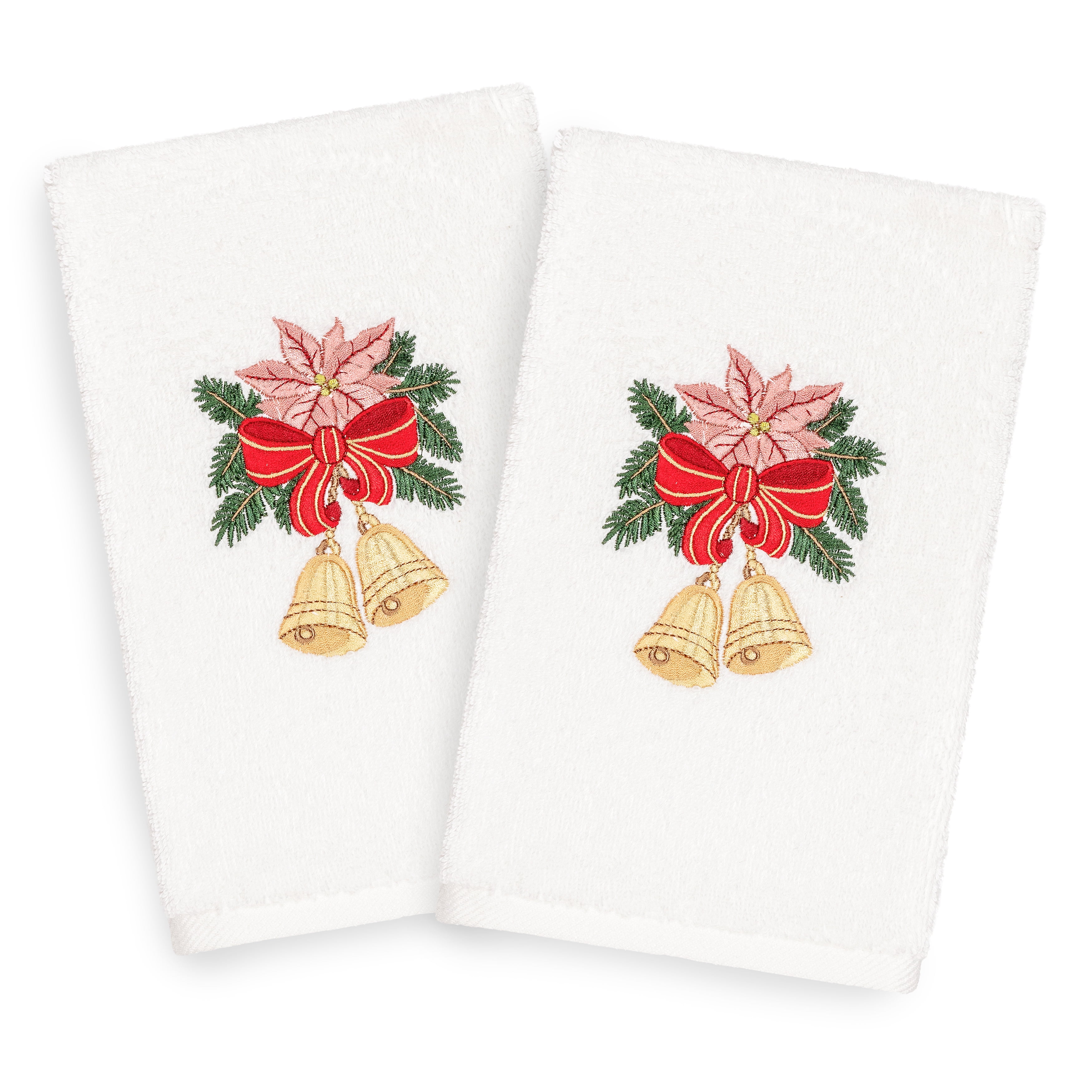 Linum Home Christmas Bells Embroidered White Turkish Cotton Hand Towels
