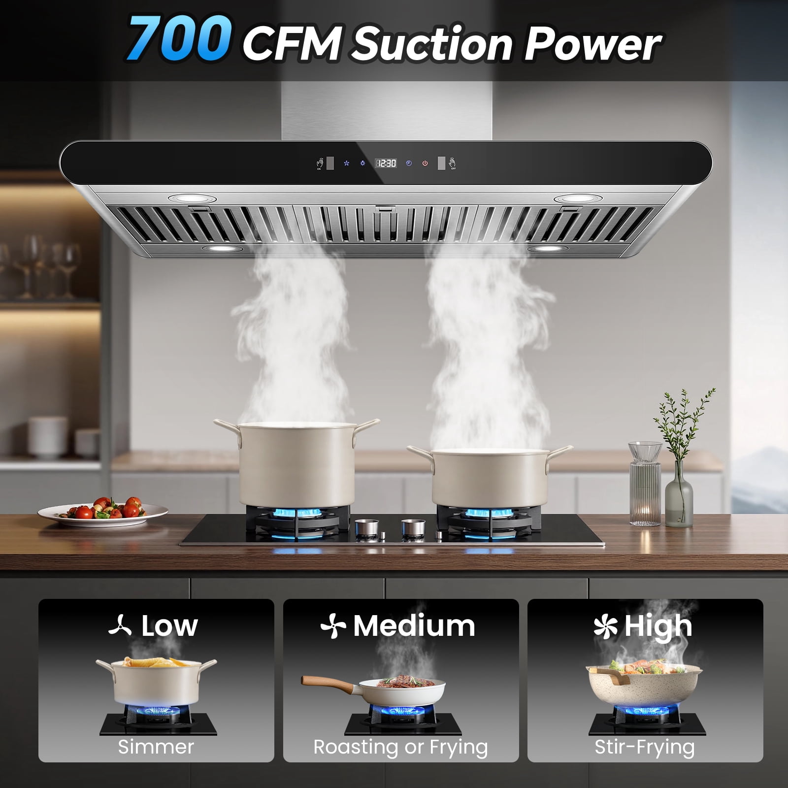 Joeaonz 36" Stainless Steel Island Range Hood with LED Lighting, 3-Speed Touch Control, Ducted/Ductless Convertible