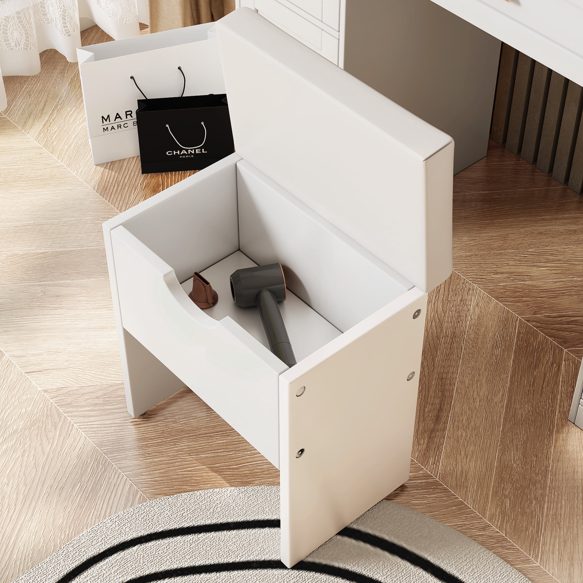 Euroco White Makeup Vanity with Lighted Mirror, 5 Drawers, 2 Cabinets and Charging Station, Vintage Style Dresser for Bedroom