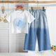 thumbnail image 4 of Conjuntos de blusa y camisa de cuello redondo y manga corta para niña, top rosa de verano y pantalones anchos de mezclilla degradados con lentejuelas de estrellas, vestido de algodón para niña de moda, 4 of 9