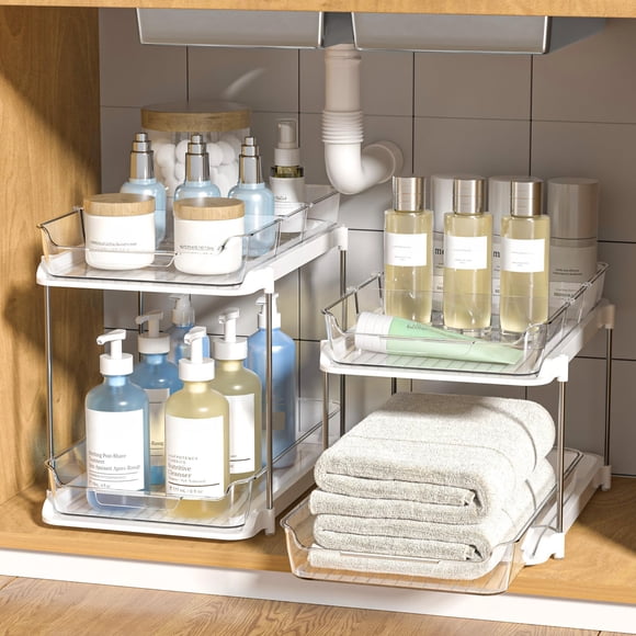 Delamu 2-Tier Multi-Purpose Bathroom Under Sink Organizers and Storage, Stackable Kitchen Pantry Organization, Pull Out Medicine Cabinet Organizer wi
