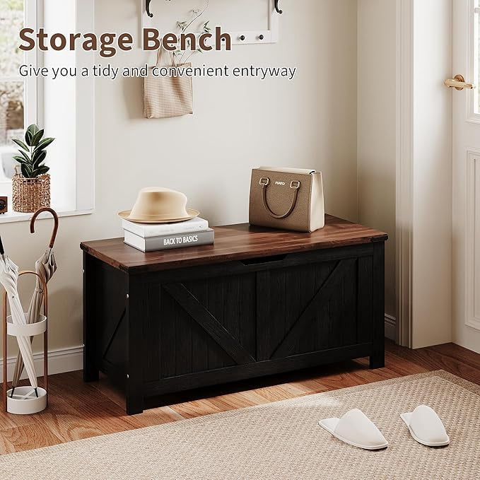 SOLLED 39.4" Retro Wooden Storage Bench & Chest, Lift-Top Trunk with Safety Hinges, Multifunctional Entryway Organizer & Toy Chest, Vintage Style for Living Room,White