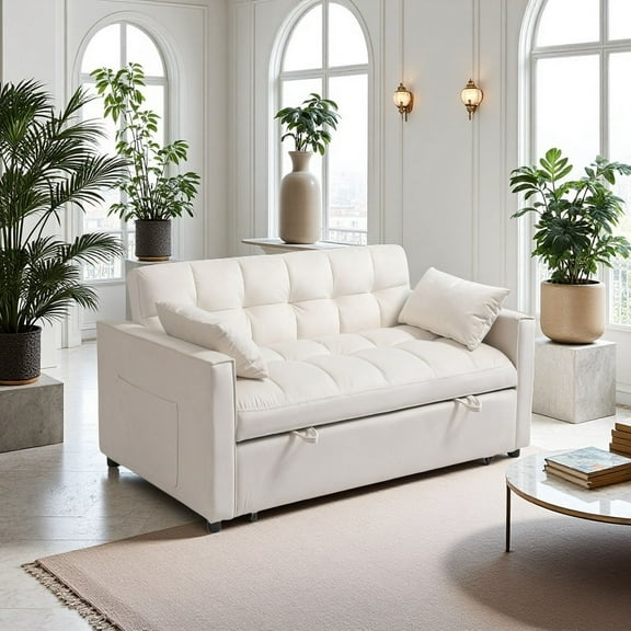 3-in-1 Velvet Sleeper Sofa Bed, Cream Convertible Couch with Adjustable Backrest, Pull Out Sofa Bed with Storage Pockets & 2 Pillows, 600LB Capacity for Living Room, Bedroom