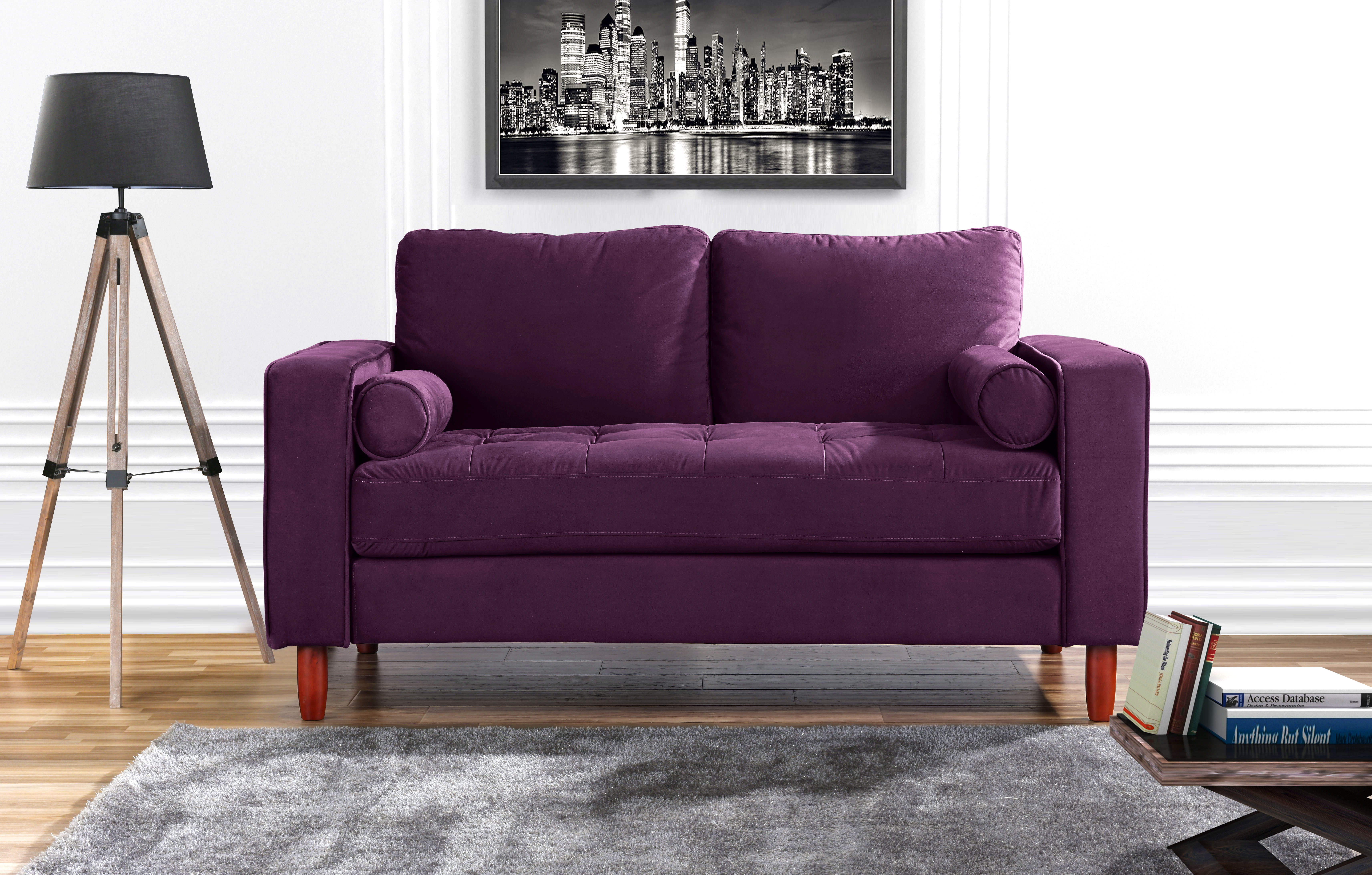 Mobilis Modern Tufted Microfiber Velvet Sofa with Back Cushions, Purple