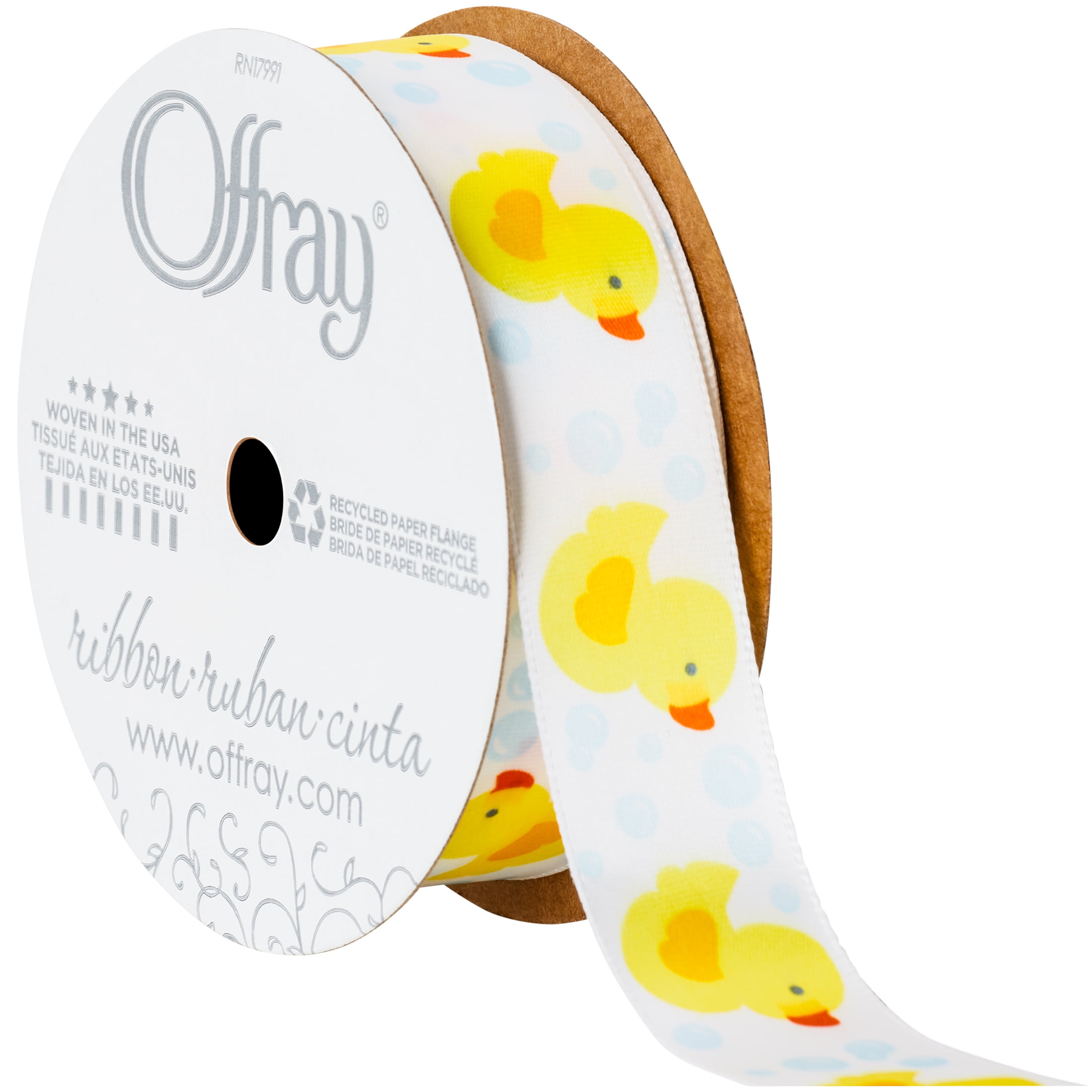 Offray Ribbon, White 7/8 inch Rubber Ducky Satin Ribbon for Sewing, Crafts, and Baby, 9 feet, 1 Each