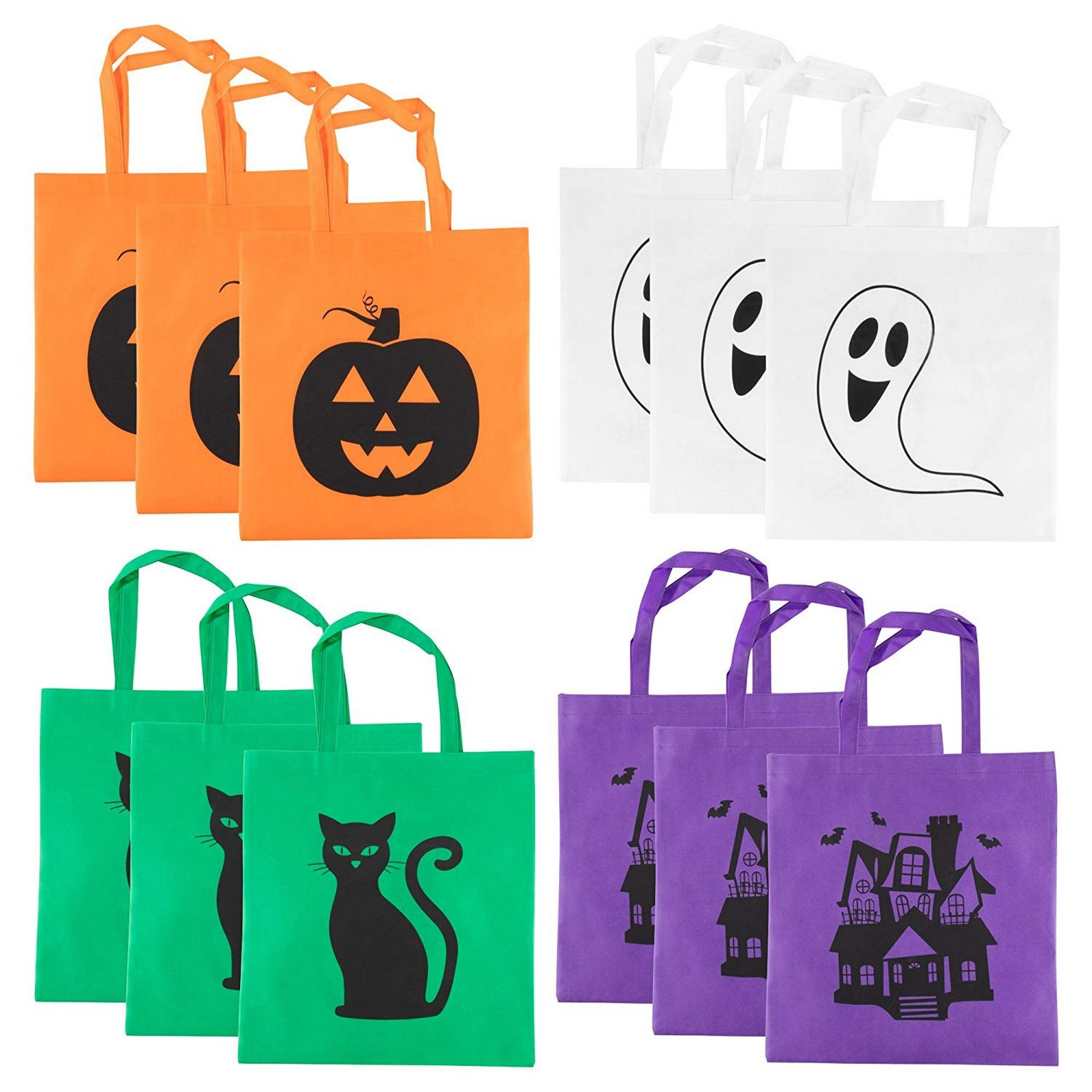 12-Pack Halloween Trick-or-Treat Tote Bags, Reusable Pumpkin Ghost Gift 