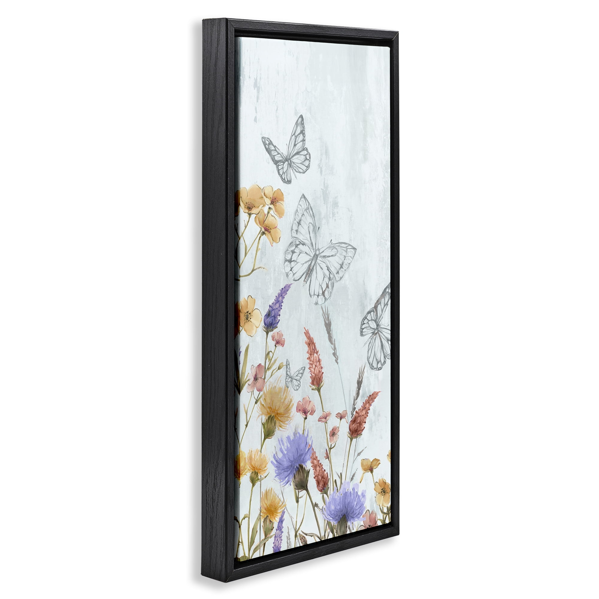 Stupell Industries Butterfly Outlines & Florals Plants & Flowers Painting Black Floater Framed Canvas Art Print Wall Art, 11 x 25