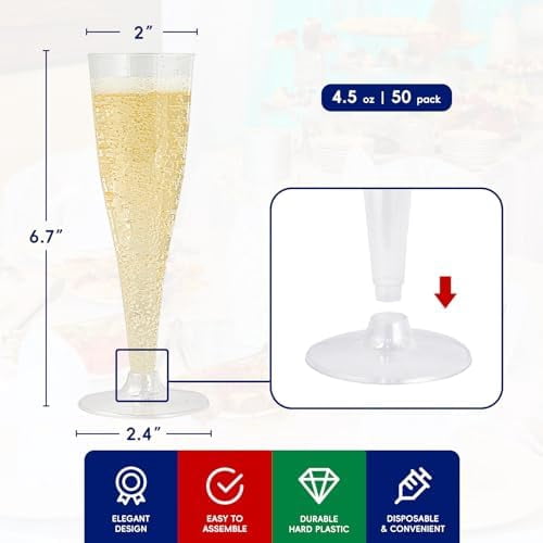 50 Pack Plastic Champagne Flutes Disposable 4.5 oz Clear Plastic Champagne Glasses Suitable for Wedding, Thanksgiving Day, Christmas