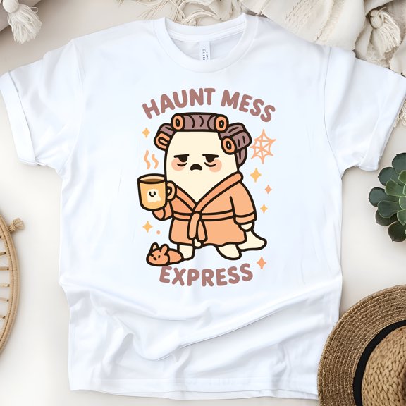 Haunt Mess Express Ghost T-Shirt | Funny Unisex Spooky Outfit, White, Size S