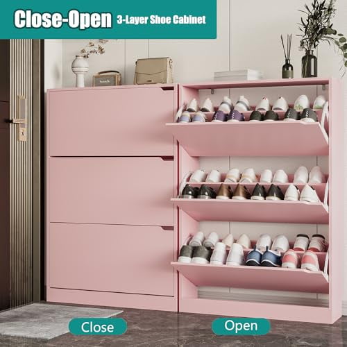 Shoe Storage Cabinet for Entryway with 3 Flip Drawers, Sturdy Wood Hidden Shoe Storage, Freestanding Narrow Slim Shoe Organizer for Front Door Entrance, Living Room, Hallway, Bedro