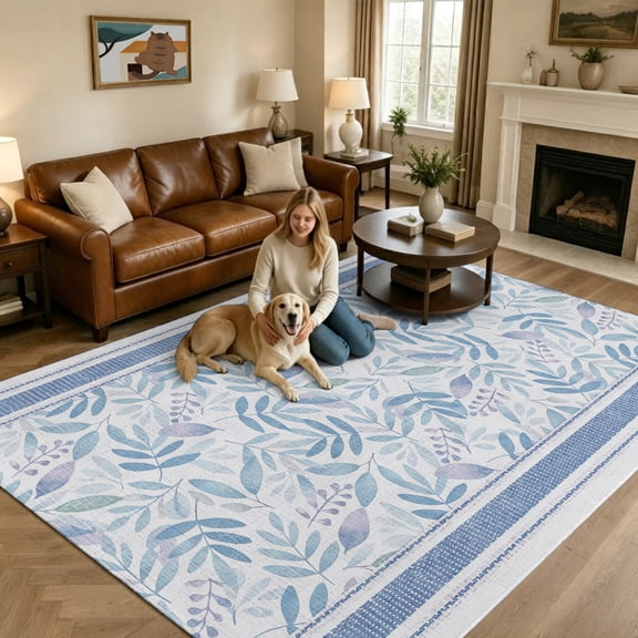 Watercolor Fern Fronds Washable Area Rug 5x8 Summer Blue Ombre Leaf Stripe Borders Low-Profile Large Area Rugs with Non Slip Backing Indoor Floor Carpet for Entrance Living Room Bedroom Home Office