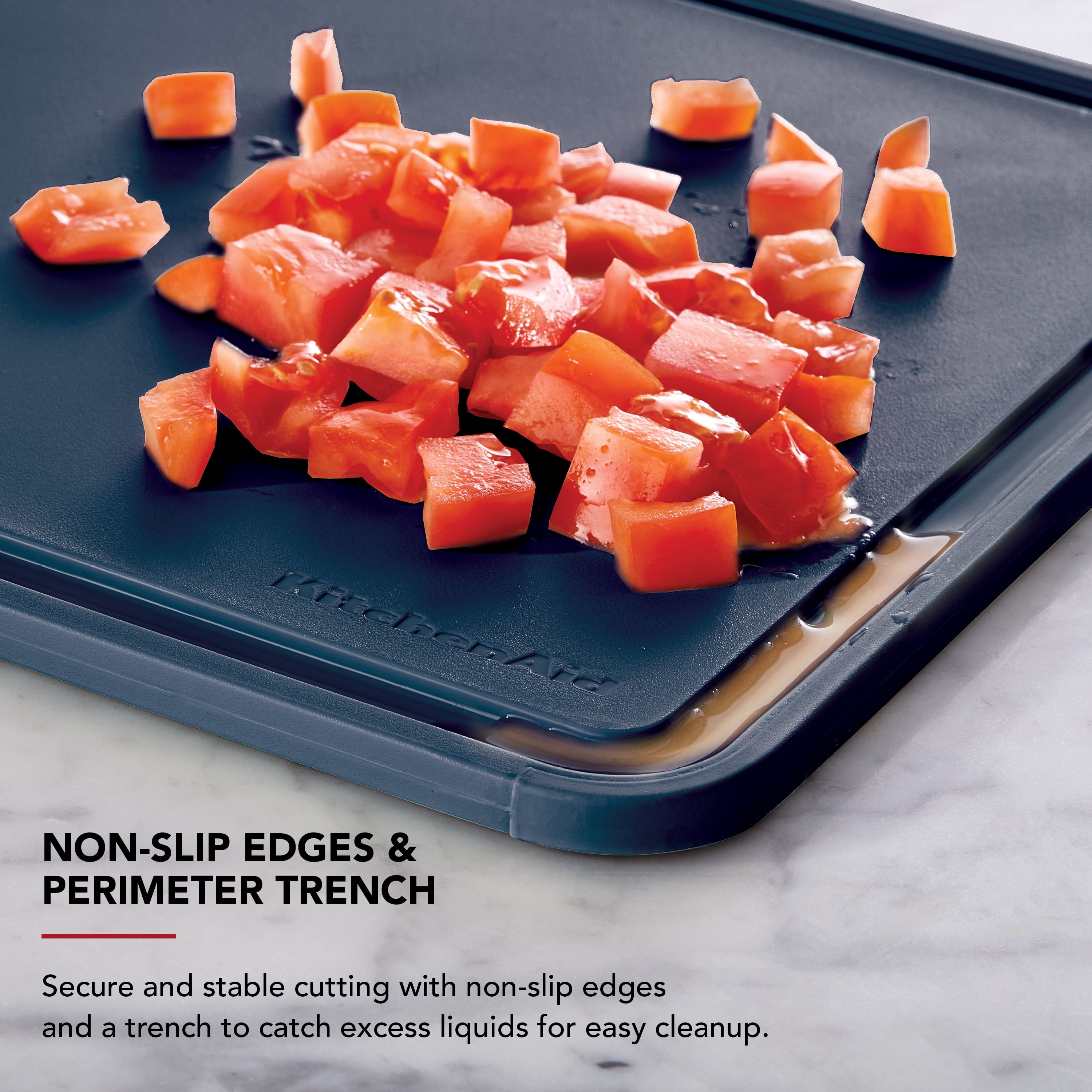 KitchenAid Classic Plastic Cutting Board with Trench, Non-Slip Edges, Dishwasher Safe, 11x14, Ink Blue