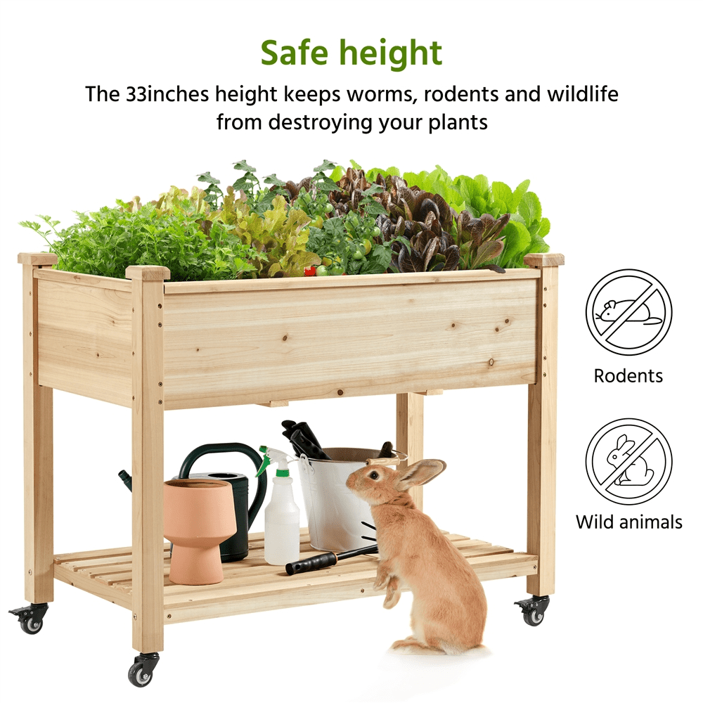 Renwick Fir Wood Planting Bed with Shelf & Wheels, Wood