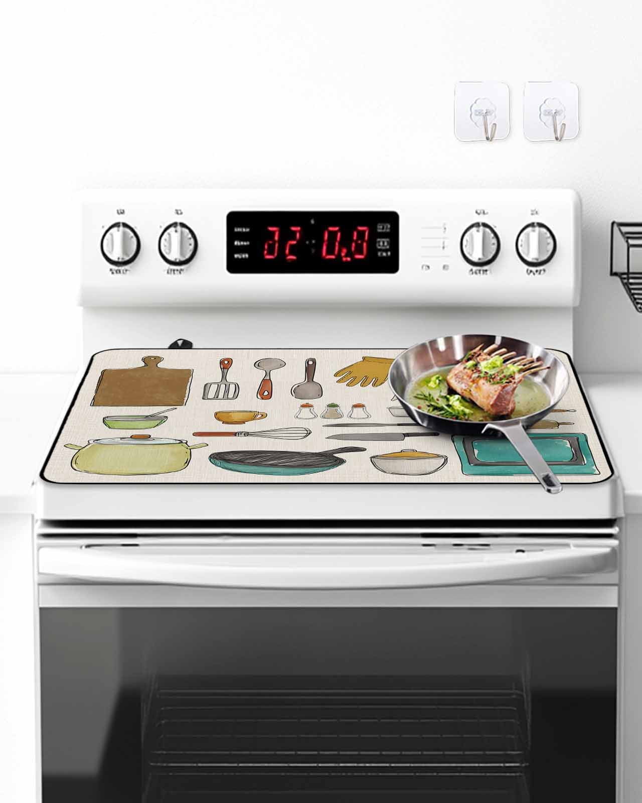 Stove Top Covers for Electric Stove, Kitchenware Glass Stovetop Cover Protector, Vintage Kitchen Cooking Tool Retro Beige Induction Cooktop Protector Oven Mat for Kitchen Countertop 24"x21"