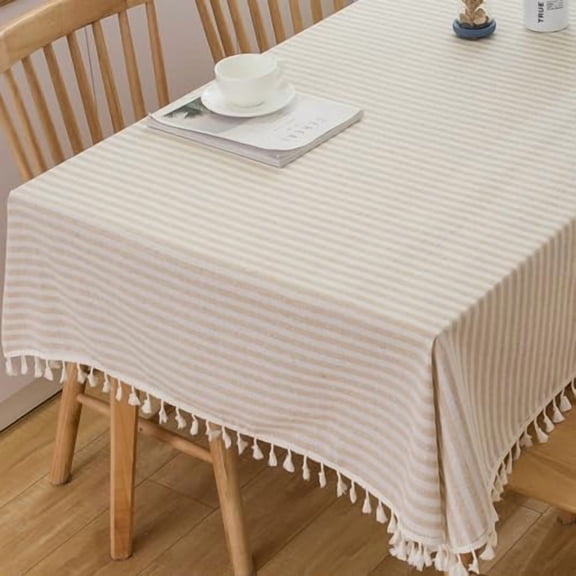 Cotton Table Cloth Square Tables Beige Striped Tablecloths Fall Outdoor Tablecloth for Picnic Table Cover (Beige,55"x55",Square)