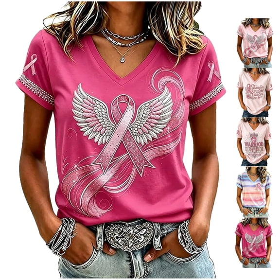 Women's Pink Ribbon Angel Wings T-Shirt in October We Wear Pink Support Shirt Survivor Breast Cancer Awareness Top
