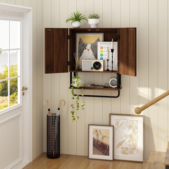 Fluted Bathroom Wall Cabinet with 2 Doors, 3-Tier Modern Farmhouse Medicine Cabinet, Over The Toilet Storage Cabinet with Adjustable Shelf and Towel Bar (Dark Walnut, Medium)