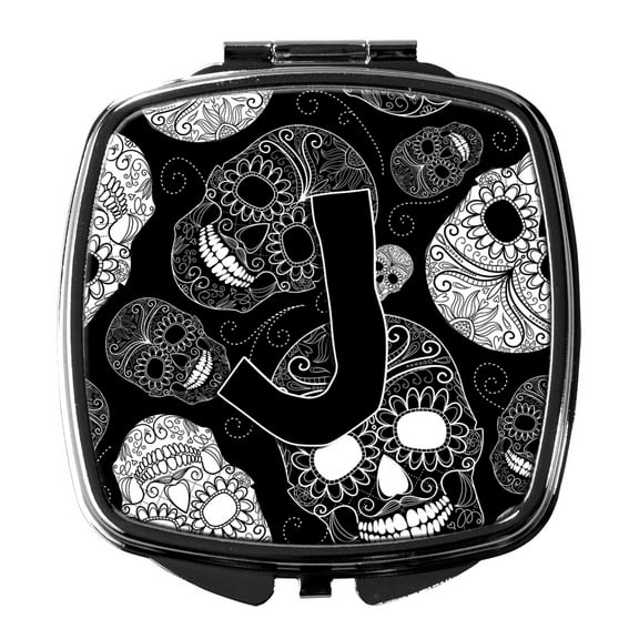 Letter J Day of the Dead Skulls Black Compact Mirror